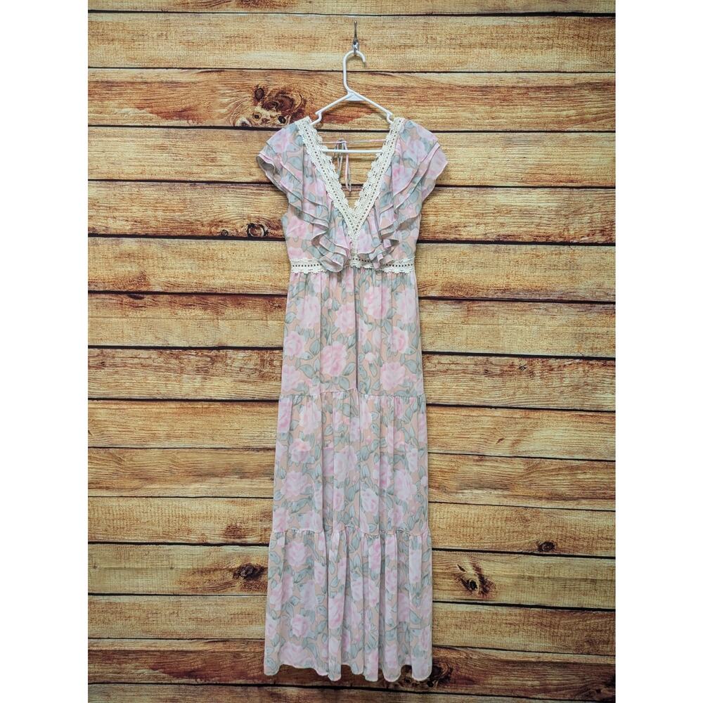 Entro Floral V-Neck Ruffle Tiered Maxi Dress Size Medium Pink watercolor EUC